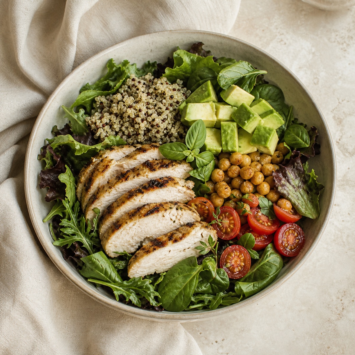 Grilled chicken quinoa bowl with avocado and vegetables